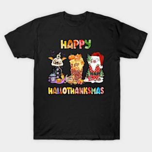 Coffee Halloween Thanksgiving Christmas Happy Hallothanksmas T-Shirt T-Shirt